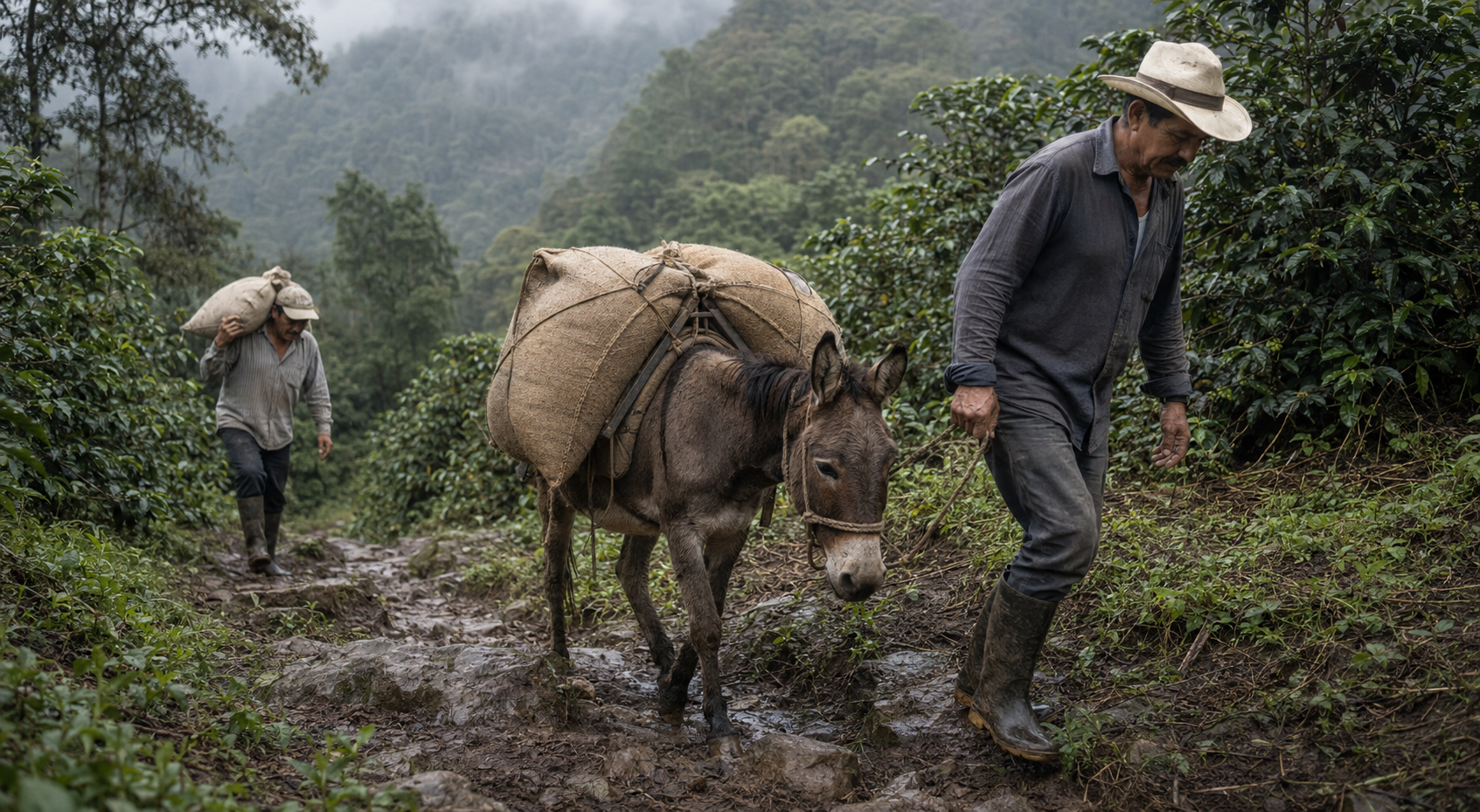 Transporte de costales de café por caminos de montaña