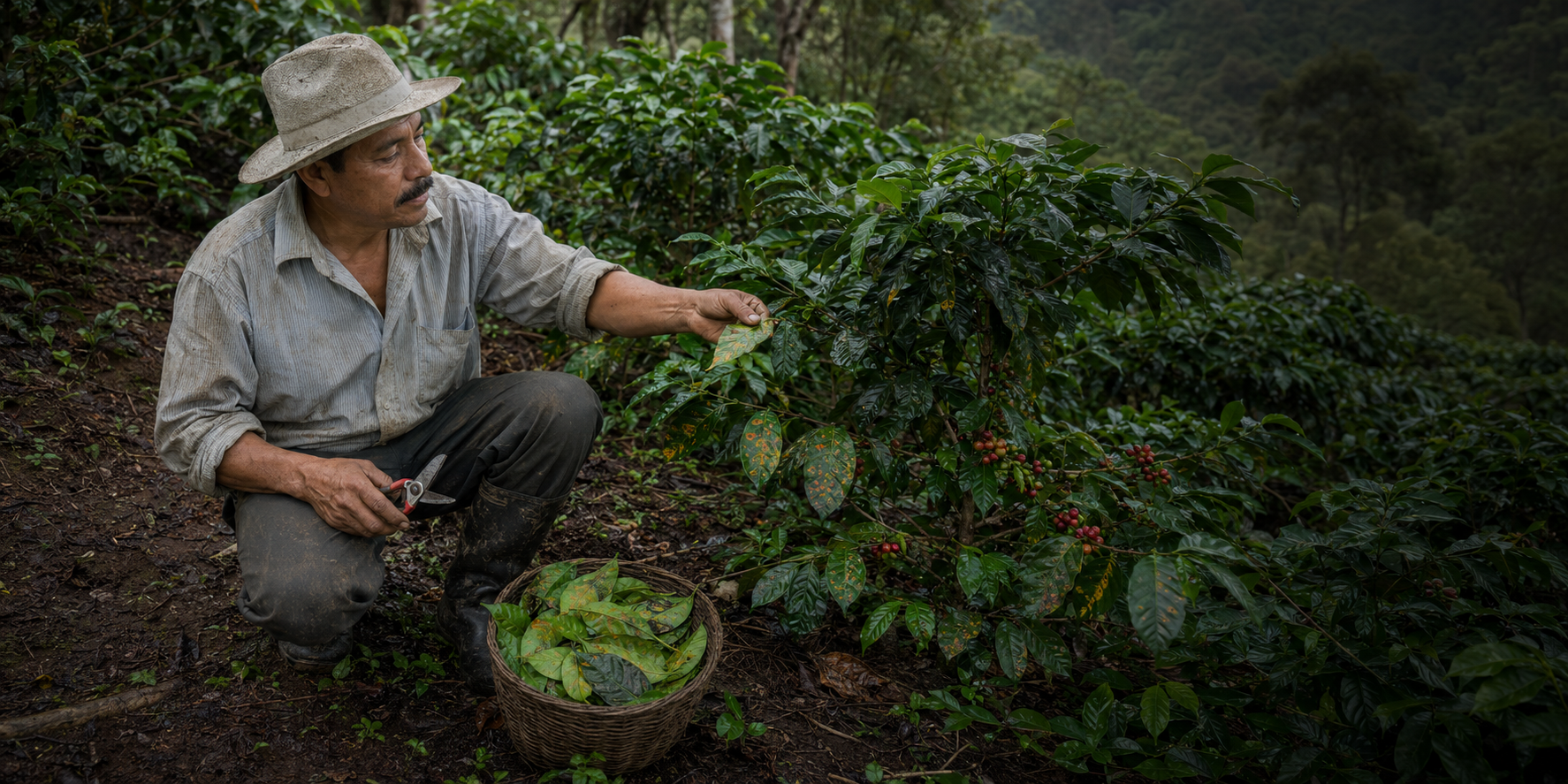 Productor cuidando plantas de café en Veracruz